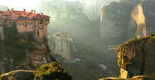 Serene Morning In Impressive Meteora Monasteries. Central Greece