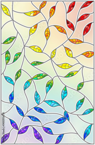 Fototapeta na wymiar Illustration in the style of stained glass with leaves painted in a rainbow on a light background
