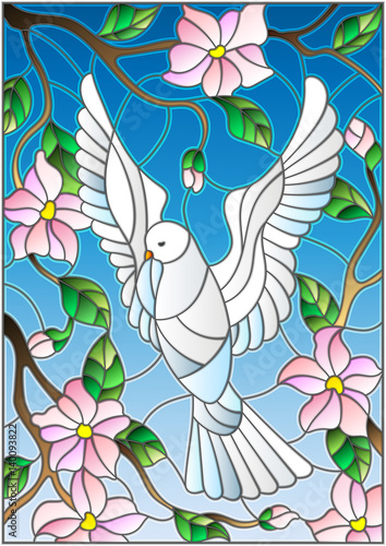 Plakat na zamówienie Illustration in stained glass style with a white dove on background of blue sky and flowering tree branches