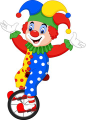 Fototapete - Cartoon clown riding one wheel bike