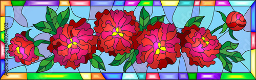 Dekoracja na wymiar  ilustracja-w-stylu-witrazu-z-kwiatami-pakami-i-liscmi-czerwonych-piwonii-na-niebiesko