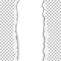 Wall Mural - Vector ragged vertical lane in transparent and checkered paper sheet. Background of the resulting window is white. Edges of the hole have soft shadow. Template paper design.