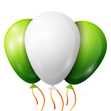 Realistic Green, White Balloons With Ribbons Isolated On White Background. Vector Illustration Of Shiny Colorful Glossy Balloons
