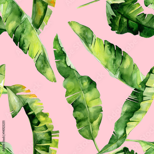 Seamless watercolor illustration of tropical leaves, dense jungle. Pattern wi...