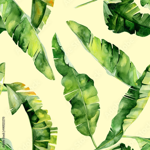 Seamless watercolor illustration of tropical leaves, dense jungle. Pattern wi...