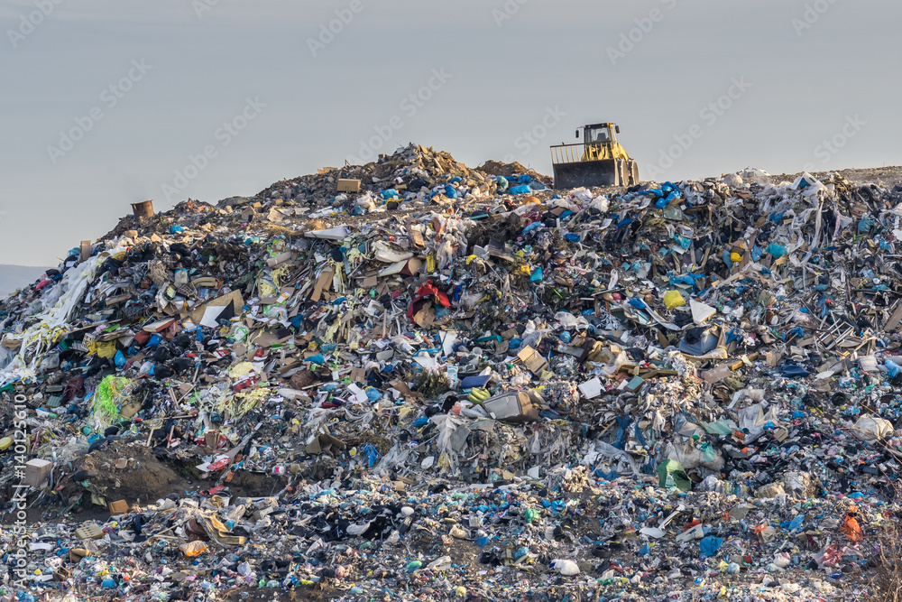 Pollution concept. Garbage pile in trash dump or landfill. - obrazy, fototapety, plakaty 