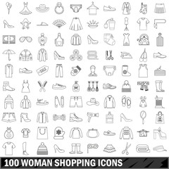 Wall Mural - 100 woman shopping icons set, outline style