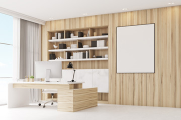 Light wooden workplace with table, side