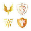 Isolated golden color angel silhouette logo set, shield with religious element logotype collection,coat of arm with archangel vector illustrations on white.