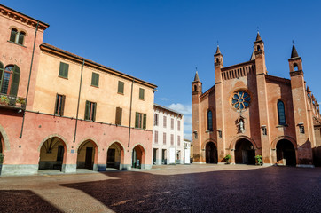 piazza risorgimento, main square of alba (piedmont, italy) with saint lawrence cathedral