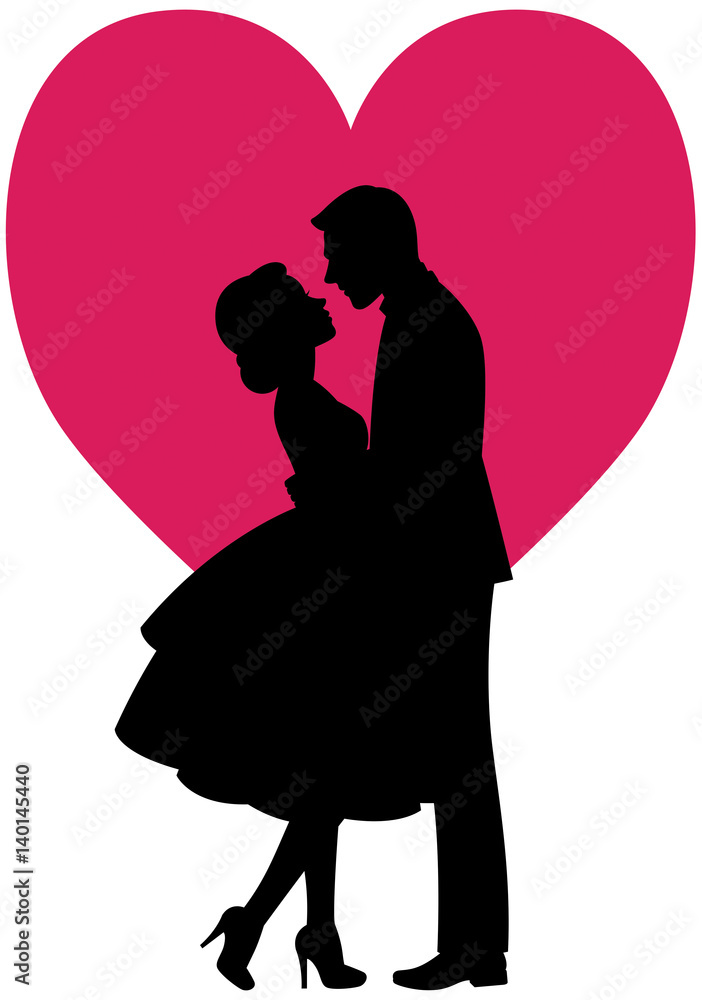 Black silhouette of lovers man and woman embracing on a white ...