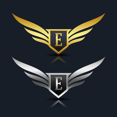wings shield letter e logo template