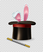 Vector Rabbit Ears Appear From The Magic Hat And Magic Wand Isolated On Transparent Background.