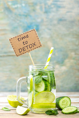 Sticker - infused detox water with cucumber, lime and mint for diet healthy eating and weight loss with space for a text