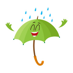 Wall Mural - Cute and funny open green umbrella character with smiling human face happy with rain, cartoon vector illustration isolated on white background. Open umbrella, parasol character, mascot, design element