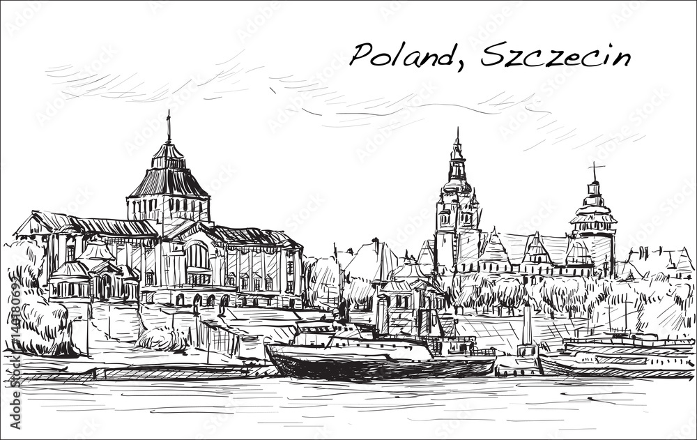Sketch Cityscape of Poland, Szczecin city ,free hand draw illustration vector - obrazy, fototapety, plakaty 