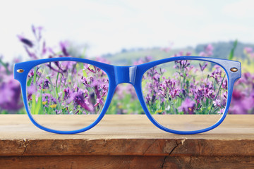 Wall Mural - hipster glasses on a wooden table in front of flowers field