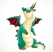 Cute Cartoon Green Dragon Isolated On A White Background