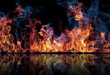 canvas print picture - The texture of fire on a black background is reflected in a glossy table.
