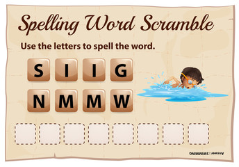 Spelling word scramble game with word swimming