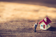 miniature couple and miniature house with red roof on wooden mock up on day noon light.Image for property real estate investment concept.  Image for Love couple concept.