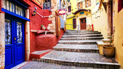 Wall Mural - Colors of Greece series - vivid streets of old Chania town, Crete island