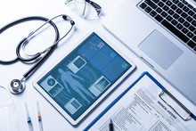 Vital Signs In Tablet Screen, Medical Technology Concept, Various Medical Equipments