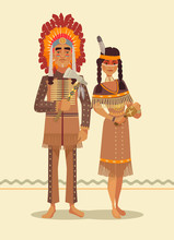 Native American Indian Couple. Man And Woman Characters. Vector Flat Cartoon Illustration