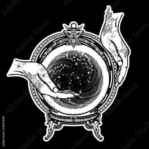 Fortune Teller Tattoo Art And T Shirt Design Magic Crystal Ball In Their Hands Fortune Telling Tattoo Mystic And Magic Symbol Buy This Stock Vector And Explore Similar Vectors At Adobe Stock