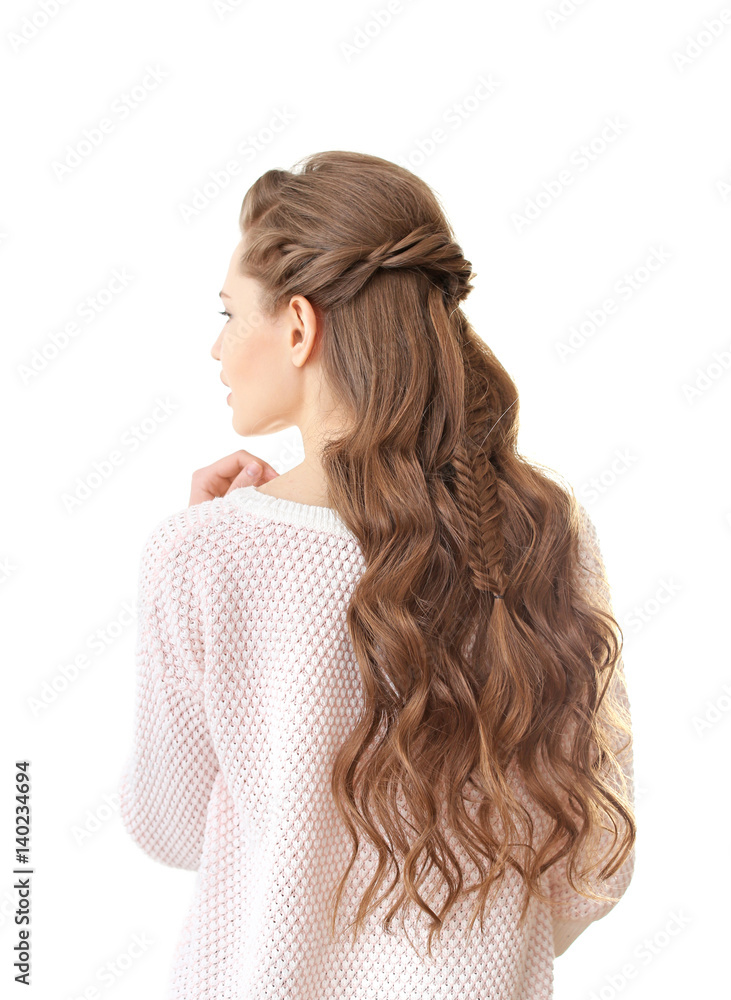 Young beautiful woman with nice braid hairstyle on white background