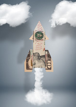Startup Financial Business Concept, Rocket Made Of Money