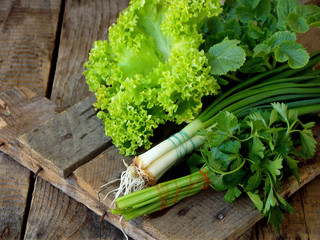 Spring green for salad on a wooden background. Onion, lettuce, parsley, radish leaves.