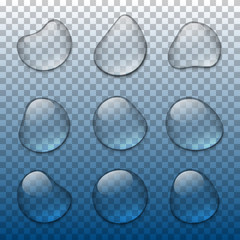 Wall Mural - Vector realistic water drops set on transparent background. Transparent rain drops with glares and shadows.