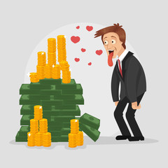 Wall Mural - Happy smiling businessman character enjoying lot of money. Vector flat cartoon illustration