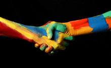 Hand Shaking Gesture Of Oil Painted Hands Diversity Concept