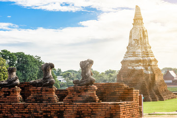 Majestic ruins of 1629 Wat Chai Watthanaram built by King Prasat Tong with its principal Prang (center) representing Mount Meru, the abode of the gods