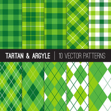 Golf Fashion Seamless Patterns In Green Argyle, Tartan And Gingham Plaid. Set Of Sports Theme Or St Patrick's Day Backgrounds. Vector Pattern Tile Swatches Included.