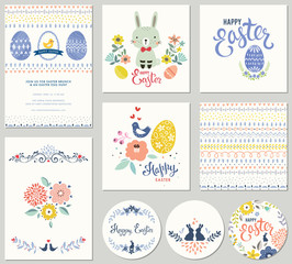 Cute Happy Easter templates with eggs, flowers, rabbit, seamless pattern and typographic design.