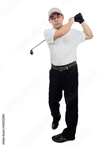 Smiling Asian Chinese Man Swinging Golf Club Kaufen Sie