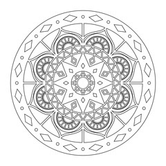 Monochrome white black mandala vector. Indian, oriental or turkish ornament for adult coloring page. Snowflake decoration print.