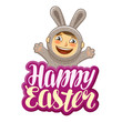 Happy Easter, greeting card. Funny rabbit, holiday label. Lettering, calligraphy vector illustration
