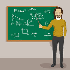 young male math teacher standing with a pointer next to a blackboard