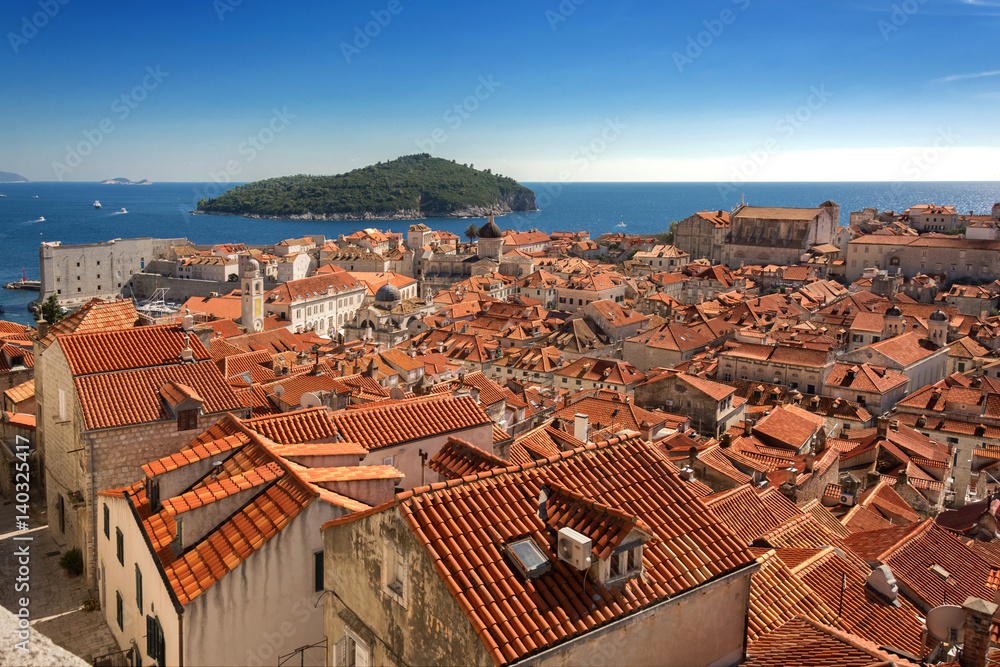 Old Town Dubrovnik and Lokrum Island view from Dubrovnik City Walls - obrazy, fototapety, plakaty 