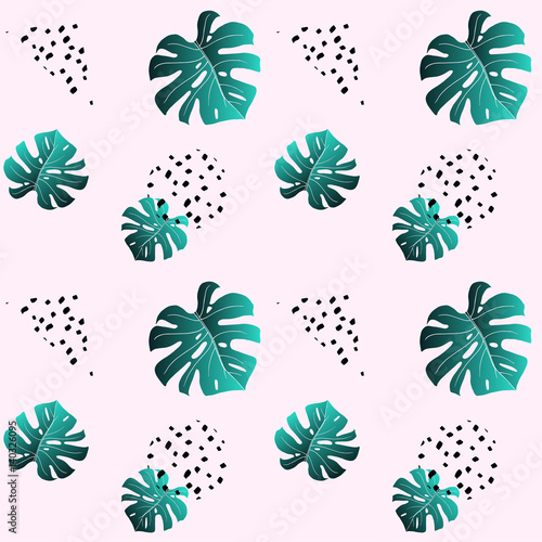 Stoffe zum Nähen Rosa Musterdesign ein Blatt des smaragdgrünen Monstera und schwarze Punkte. Modischen Farben. Trendige Textur für Textile Gewebe. Vektor. Funky Hintergrundbild, Wrapper, Website oder Abdeckung.