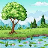 Fototapeta Las - Illustration of a summer landscape with trees