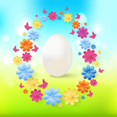 Wall Mural - Easter eggs with colorful flowers, butterflies on spring background.