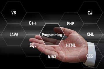 Wall Mural - programmer hand with virtual panel of programming languages, computer technology concept