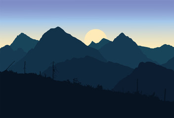 Poster - View of mountain landscapes devastated after the apocalypse was destroyed trees under a spring sky with the sun rising - vector