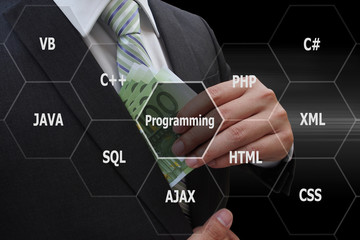 Wall Mural - programmer putting euro banknotes in suit pocket with virtual panel of programming languages, comput