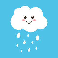 Wall Mural - Cute happy cloud with rain drops, spring or autumn weather icon on blue background.